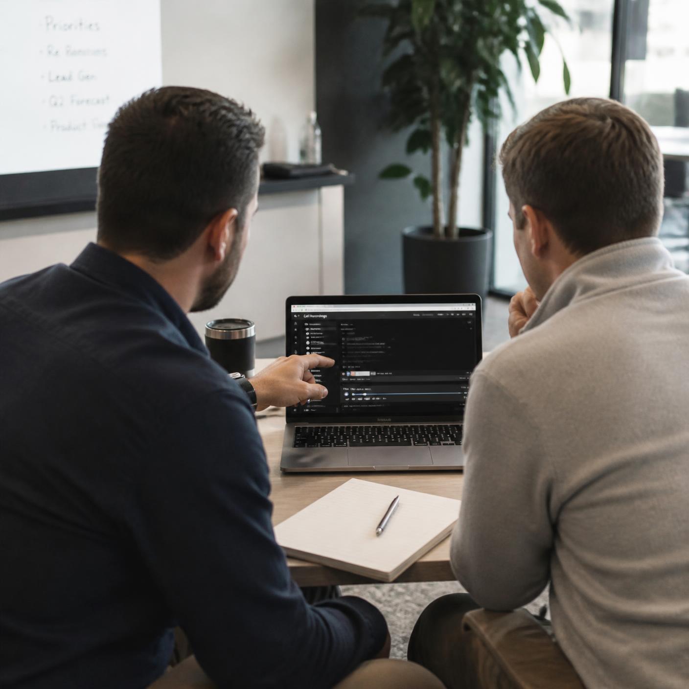 A manager and a rep reviewing a call recording together on a laptop